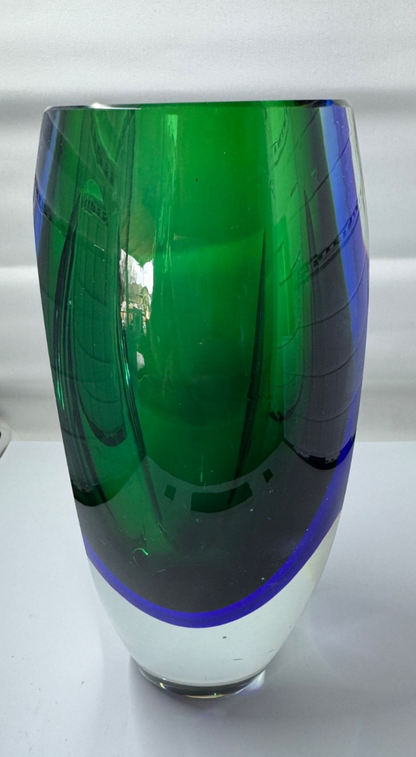 Vintage MURANO Art Glass Sommerso Green Blue Vase Heavy 8.5” Tall