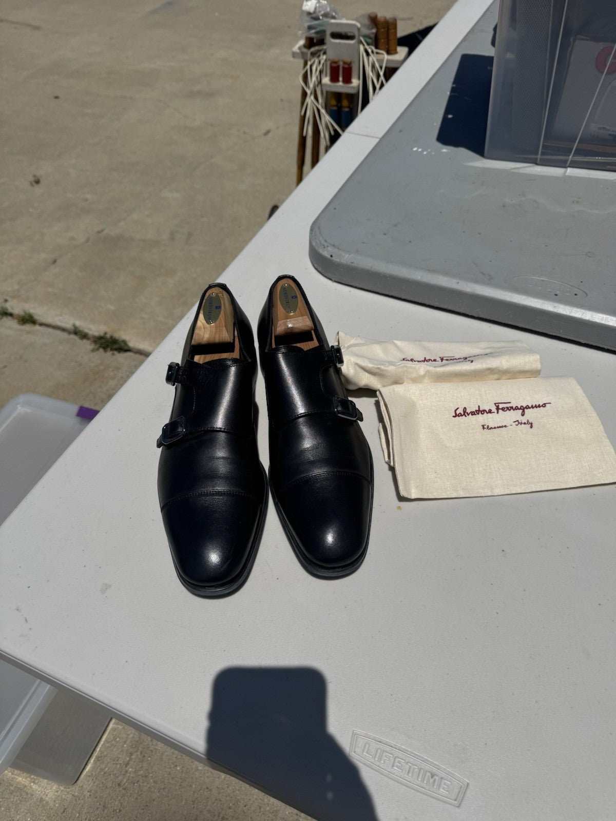 Salvatore Ferragamo Black Leather Double Monkstrap Loafer sz 8D