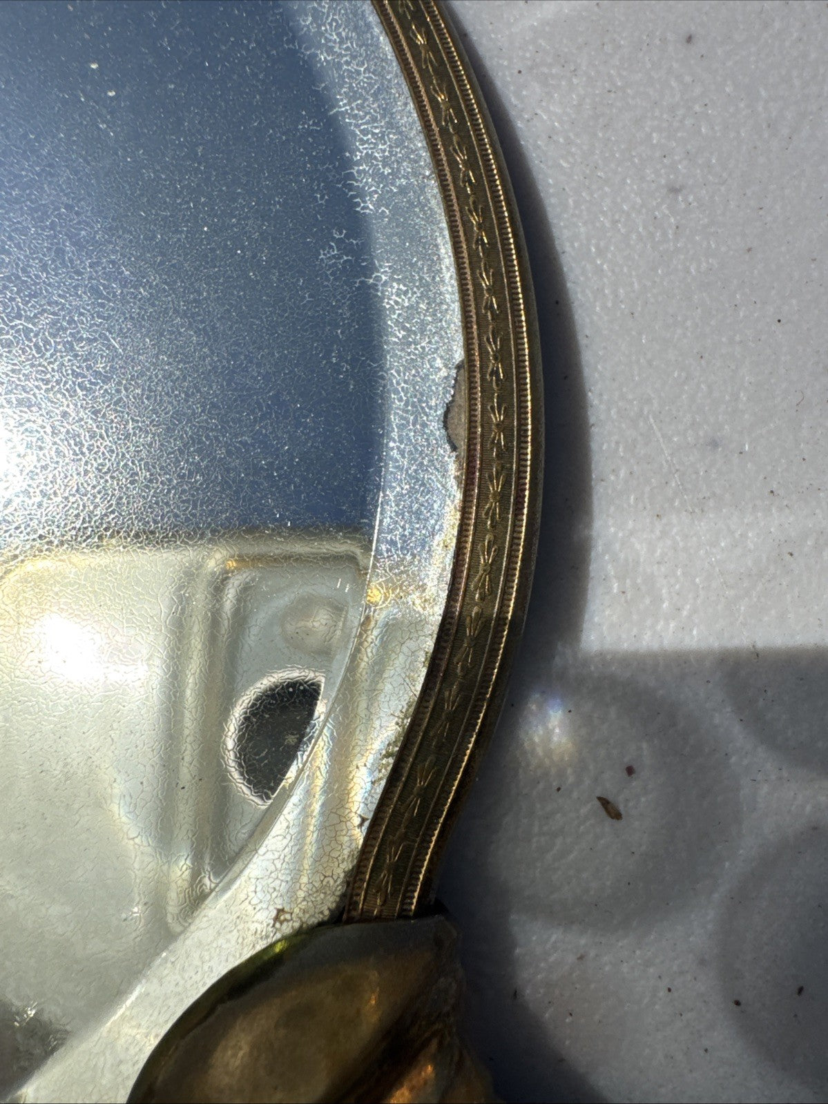 Rare Vintage 1950s Gold Tone  Brass Hand Held Vanity Mirror w/Floral(13in)
