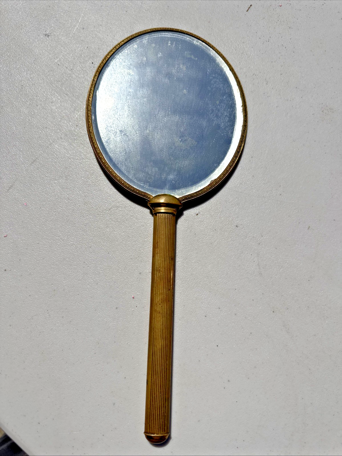 Rare Vintage 1950s Gold Tone  Brass Hand Held Vanity Mirror w/Floral(13in)