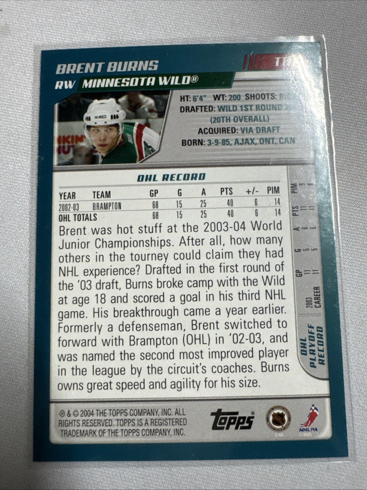 2003-04 Topps Traded - Brent Burns #TT117 (RC)