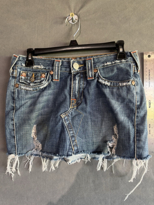 Y2K TRUE RELIGION Joey #20-503 Mini Denim Skirt Distressed Flap Pockets 28 VTG