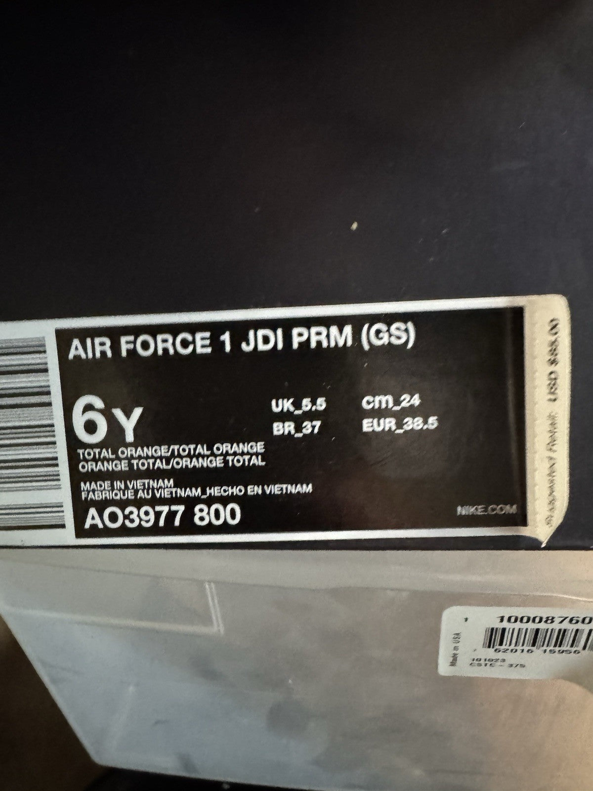 Nike Air Force 1 Low Just Do It Pack Total Orange AR7719-800 6YOUTH