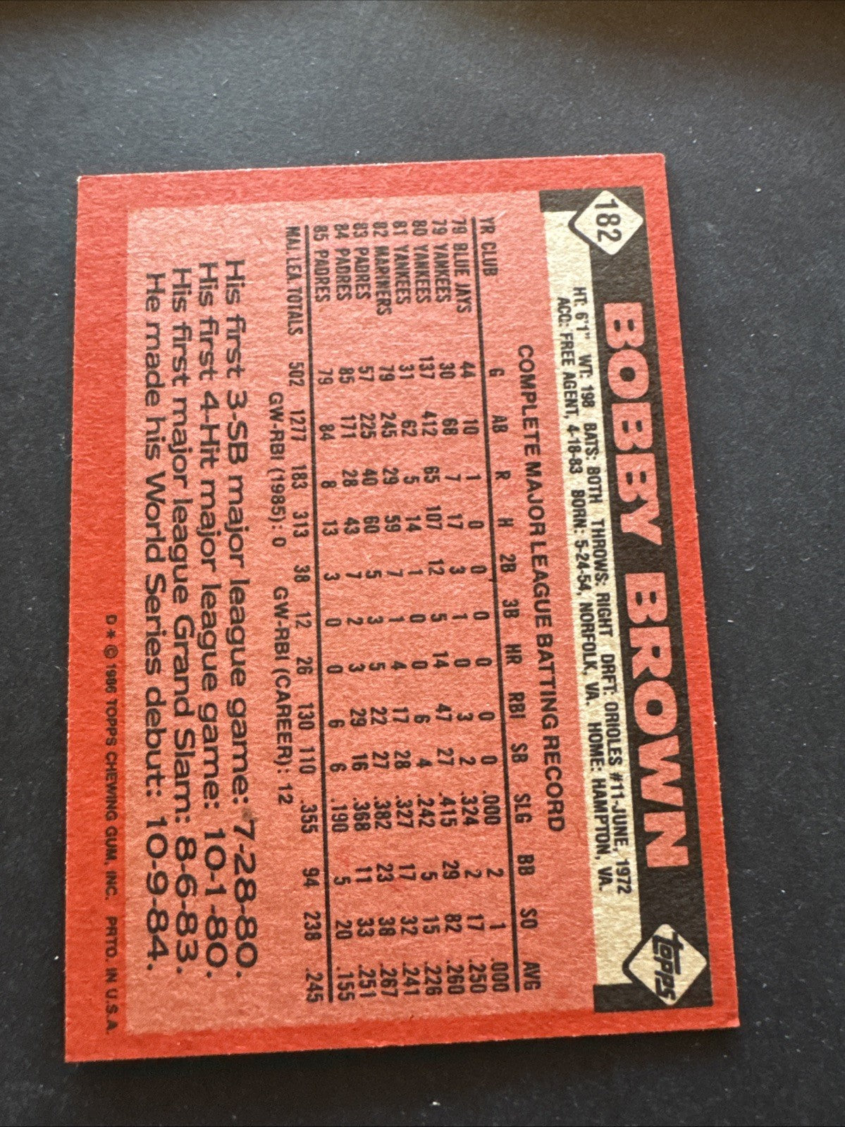 1986 Topps - Bobby Brown #182