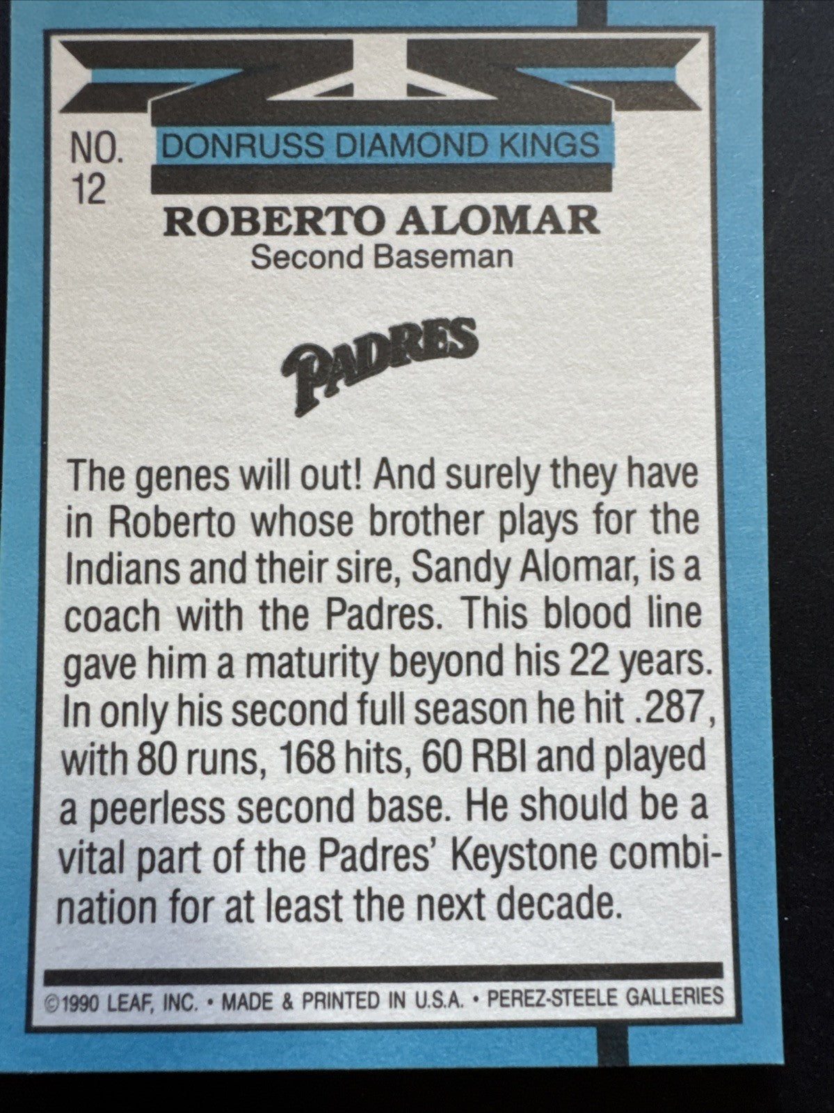 1991 Donruss - Diamond Kings Roberto Alomar #12 3 Yellow Stripes Top Right