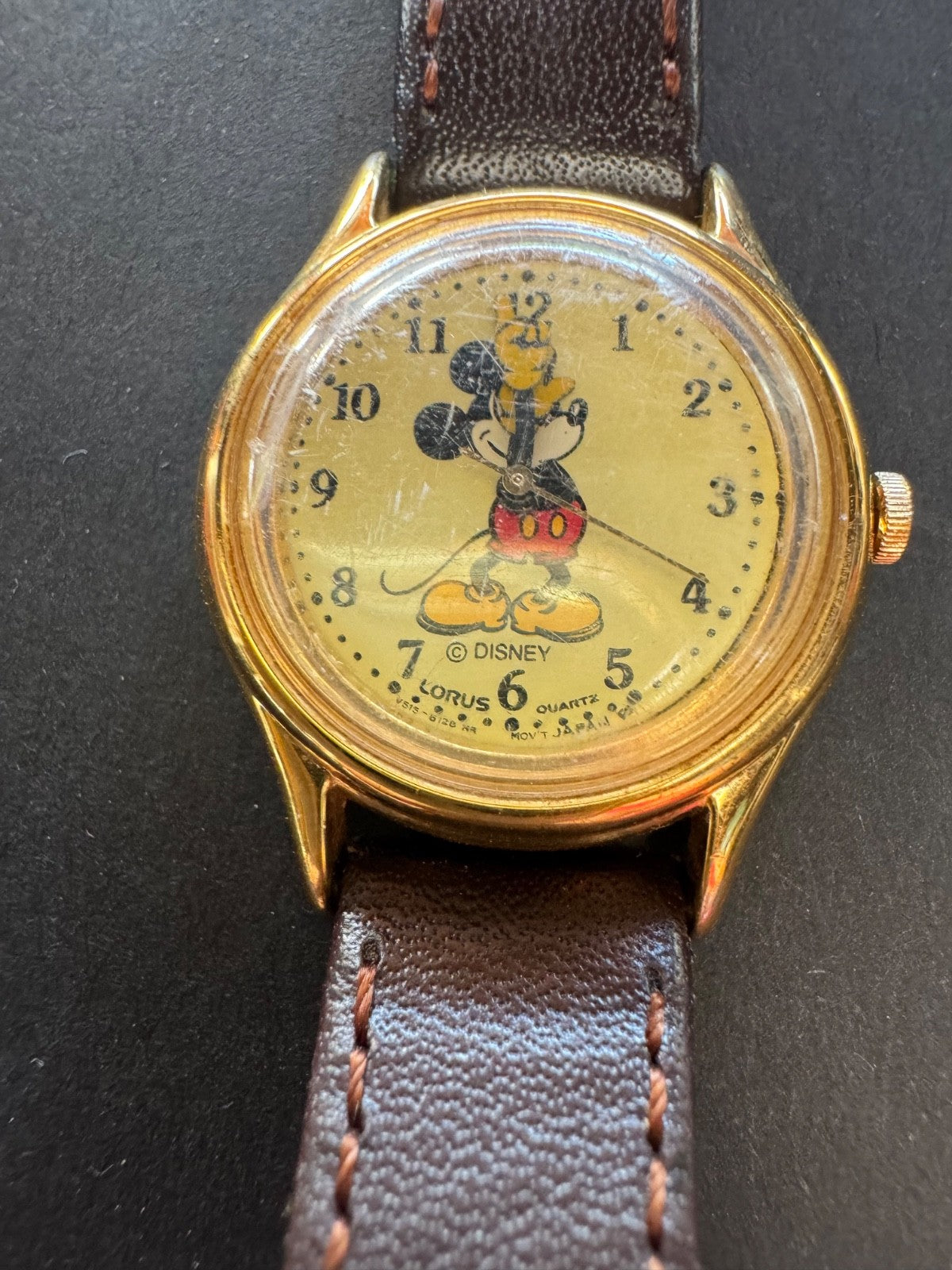 Rare Vintage Lorus Mickey Mouse Watch Gold w/ Brown Leather Strap, Needs Battery