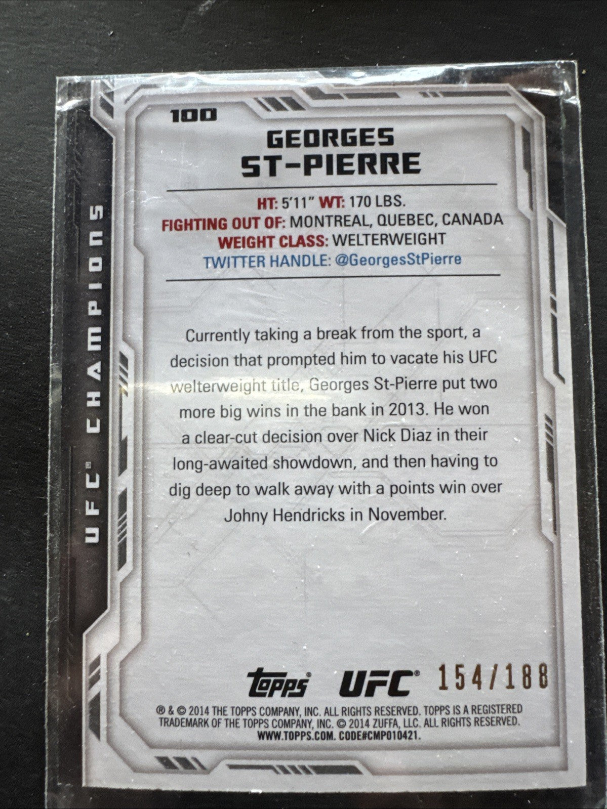 2014 Topps UFC Champions - Georges St-Pierre #100 Black 154/188