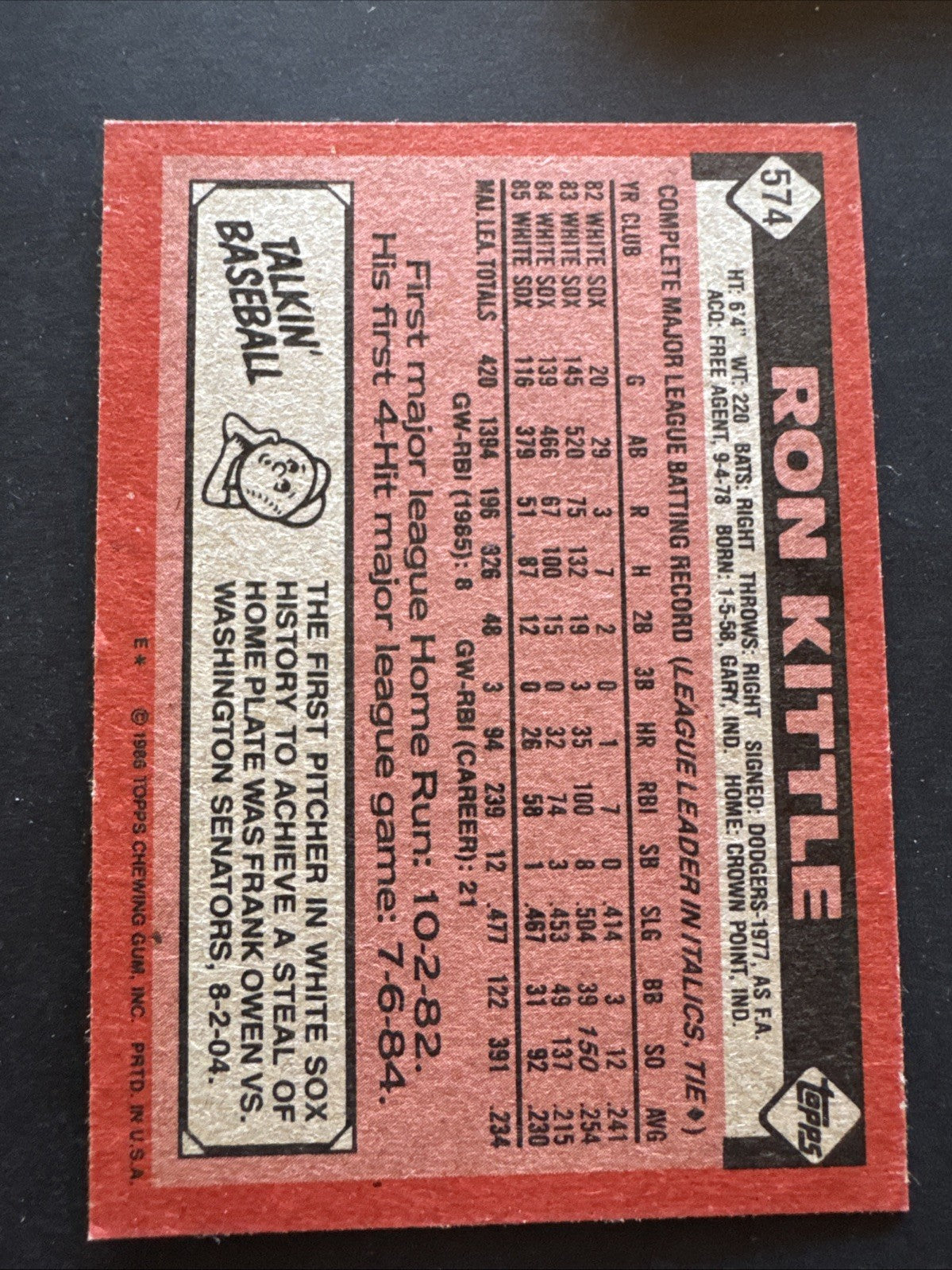 1986 Topps - Ron Kittle #574
