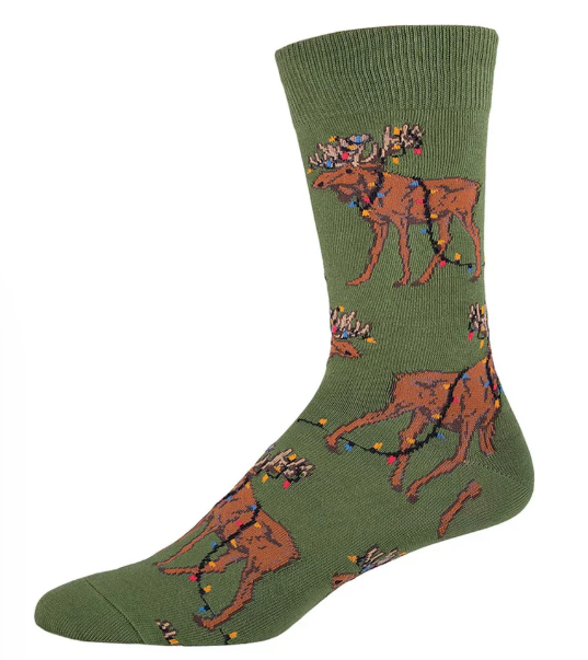 Men's Socksmith Xmas Lights Moose Crew Socks - Parrot Green 7-12.5