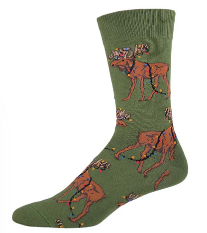 Men's Socksmith Xmas Lights Moose Crew Socks - Parrot Green 7-12.5
