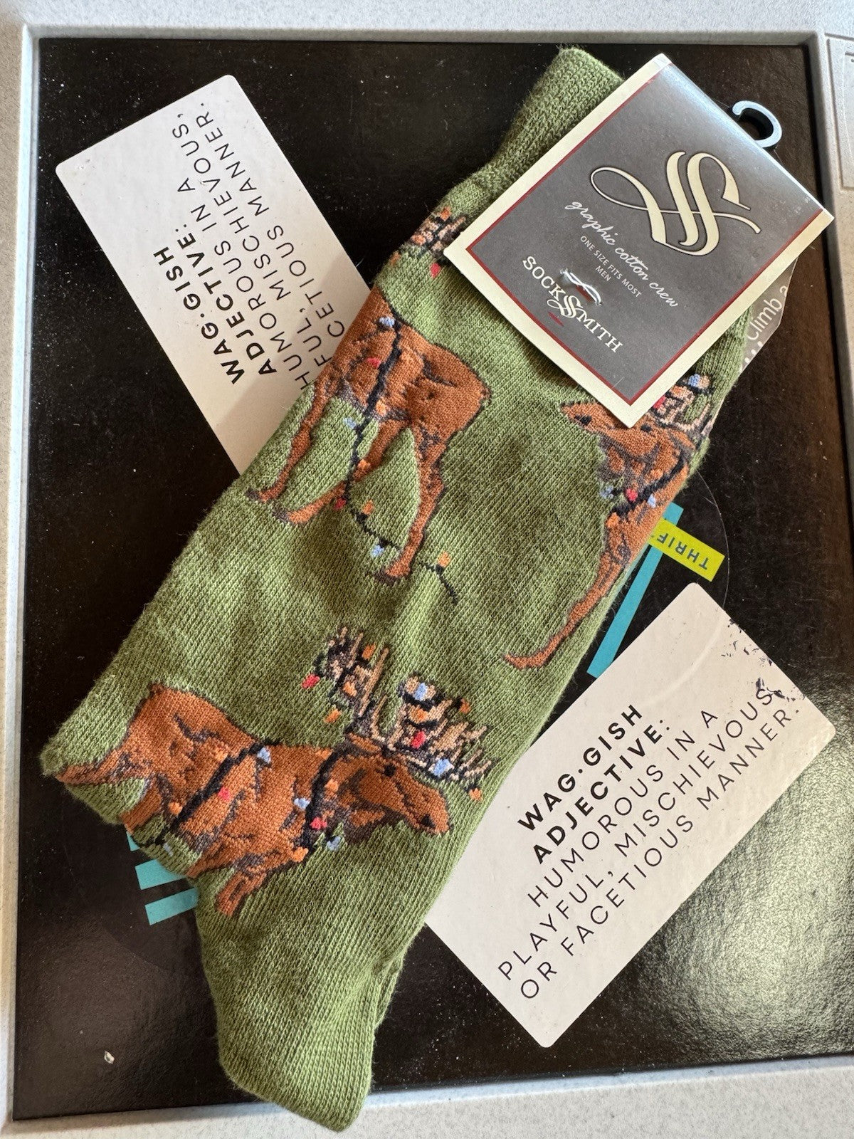 Men's Socksmith Xmas Lights Moose Crew Socks - Parrot Green 7-12.5
