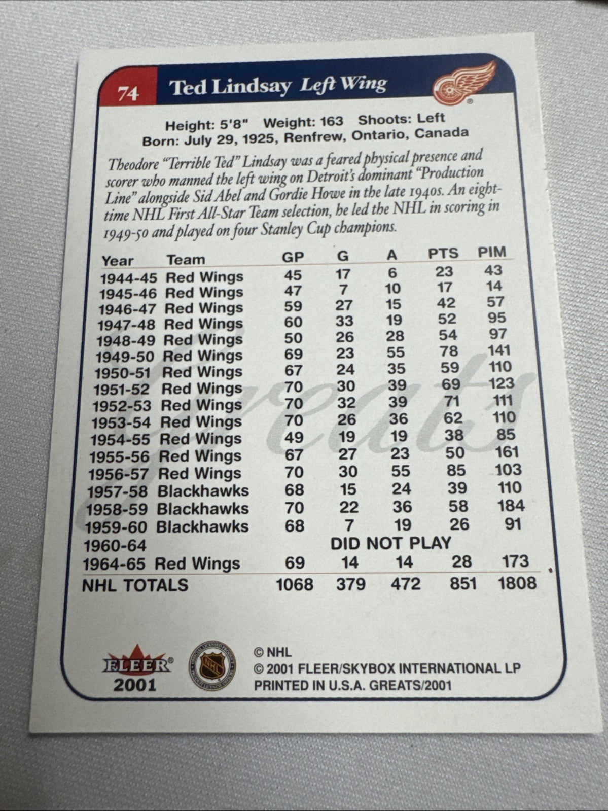 2001-02 Fleer Greats of the Game - Ted Lindsay #74