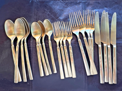 20 Piece Lot Stainless China J Flatware - Fork, Knife, Spoon Gold Toned