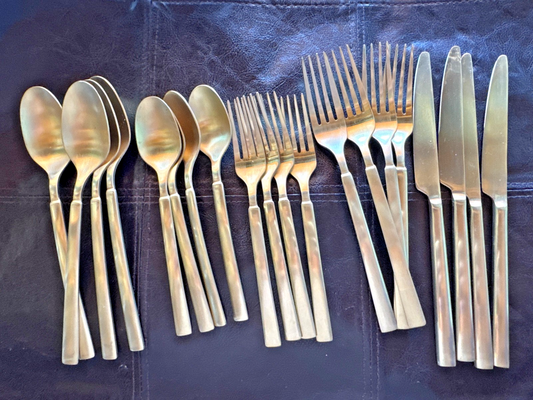 20 Piece Lot Stainless China J Flatware - Fork, Knife, Spoon Gold Toned