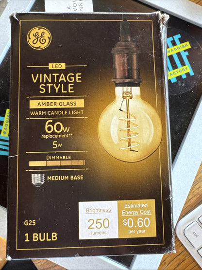 NEW GE G25 LED Light Bulb 5W 250-Lumen WARM AMBER 60W Eqv Vintage Dimmable 36528