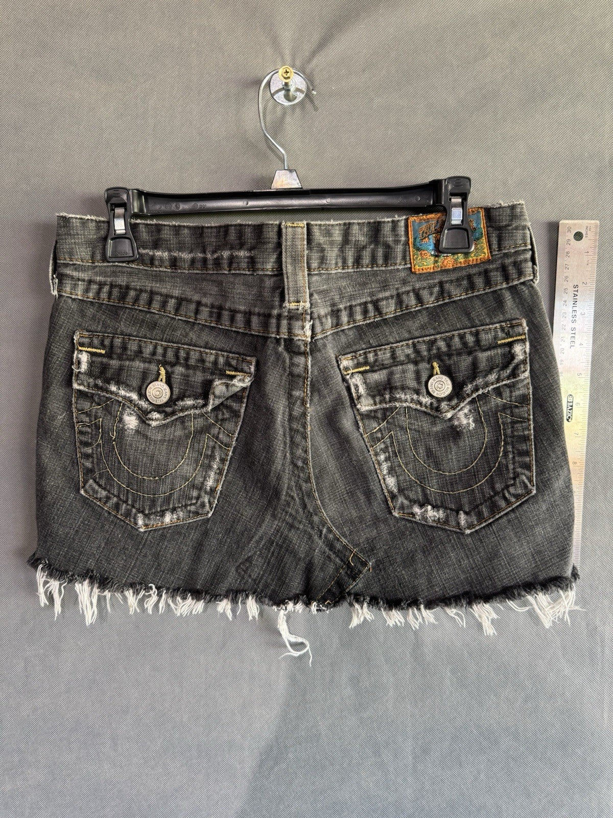 True Religion Black Raw Hem Denim Jean Skirt Size 28 WQ65J61EL Made In USA Mini