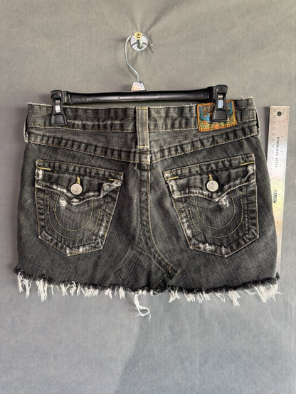True Religion Black Raw Hem Denim Jean Skirt Size 28 WQ65J61EL Made In USA Mini