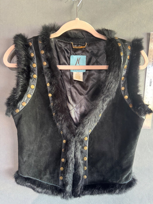Marciano Suede Vest With Studs Black Rabbit Fur Trim Size Small