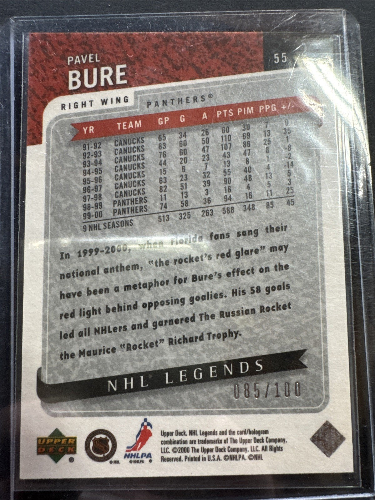 2000-01 Upper Deck Legends - Pavel Bure #55 Legendary Collection Silver 85 /100