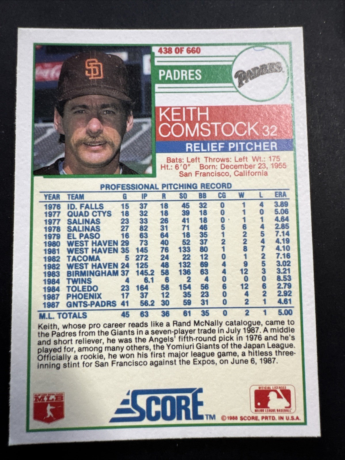 1988 Score - Keith Comstock #438 (RC)