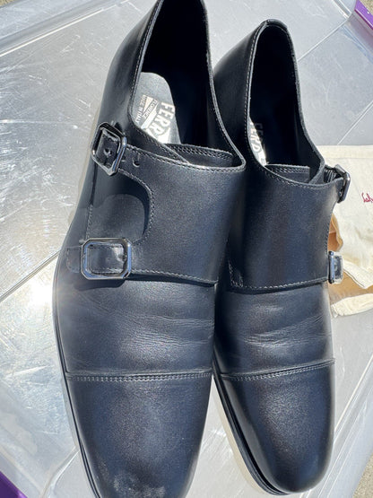 Salvatore Ferragamo Black Leather Double Monkstrap Loafer sz 8D