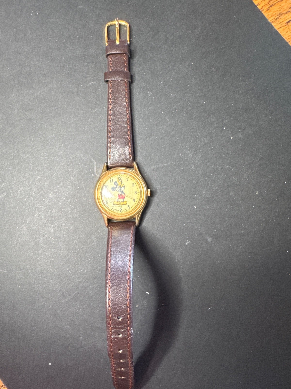 Rare Vintage Lorus Mickey Mouse Watch Gold w/ Brown Leather Strap, Needs Battery