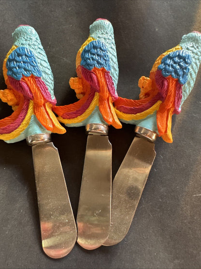 Set (3) Parrot Butter/Cheese Spreader Knives  Stainless Tropical Birds