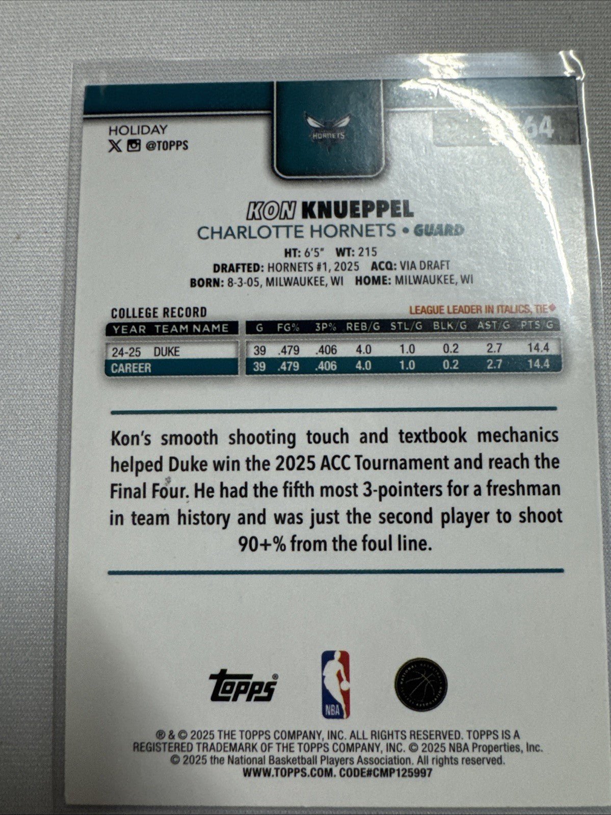 2025-26 Topps Holiday - Kon Knueppel #H164 Holiday Metallic Blue Glitter (RC)