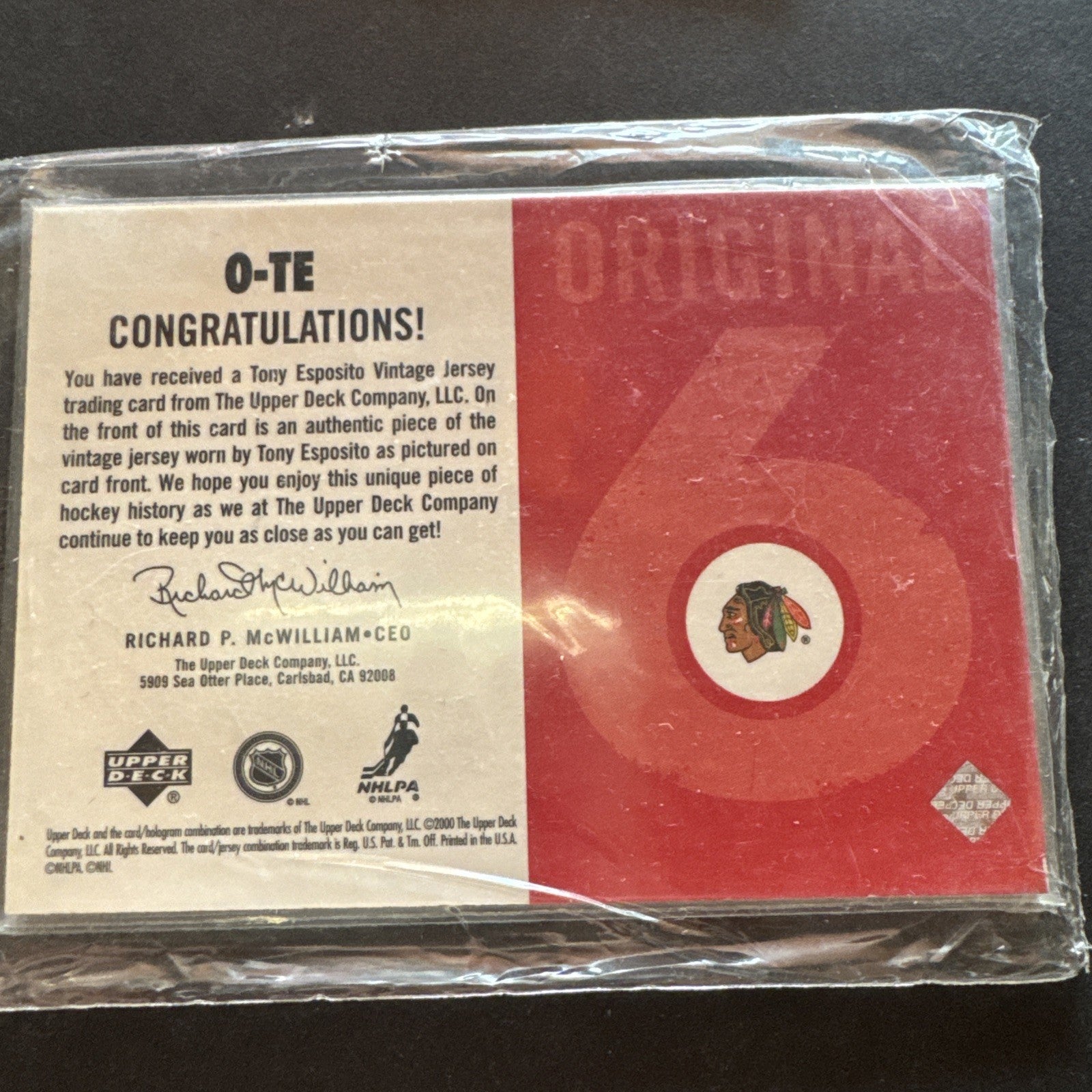 2000 Upper Deck Vintage TONY ESPOSITO Piece of History #O-TE Chicago Blackhawks
