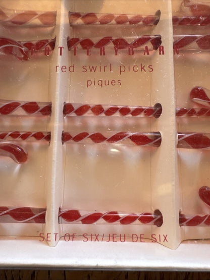 Pottery Barn Holiday Candy Cane Glass Red Swirl Cocktail Picks 2 Box’s of 6