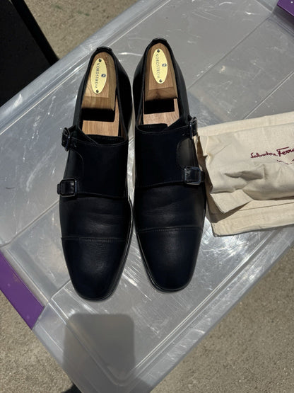 Salvatore Ferragamo Black Leather Double Monkstrap Loafer sz 8D