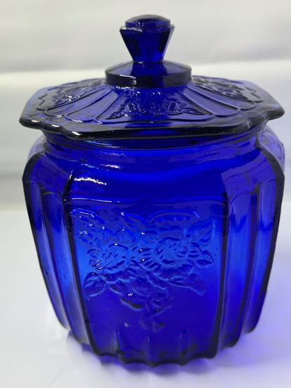 VINTAGE ANCHOR HOCKING MAYFAIR COBALT BLUE GLASS FLORAL BISCUIT COOKIE JAR 7 1/4