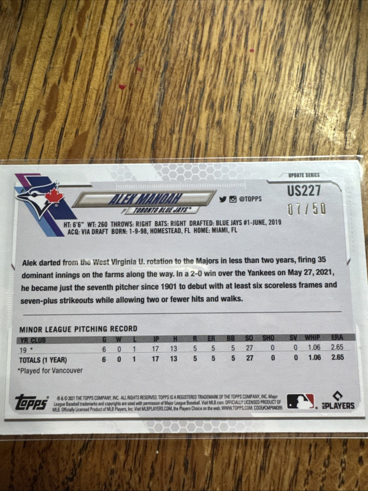 2021 Topps Update Series - Alek Manoah #US227 Father's Day Powder Blue 7/50 (RC)