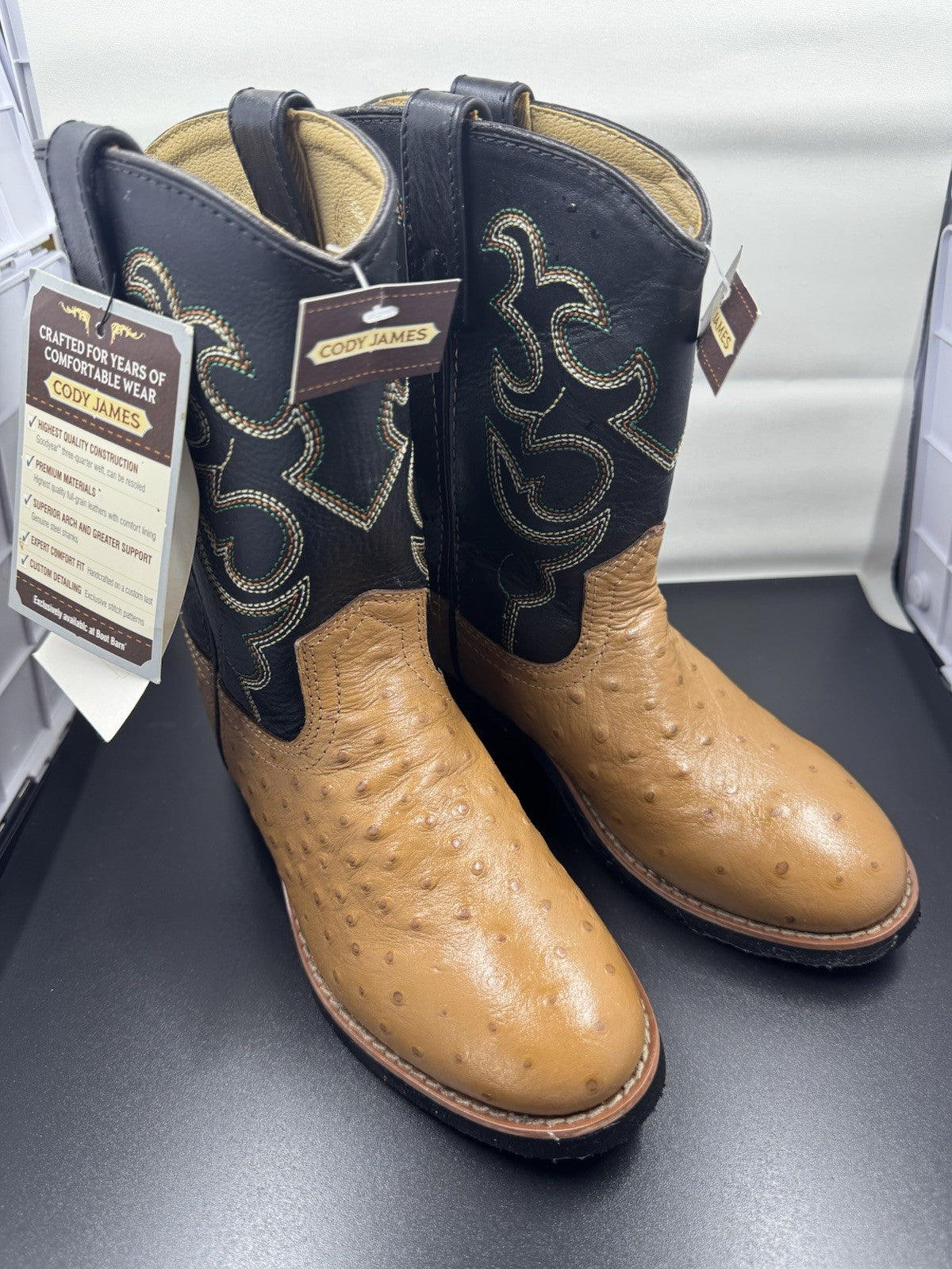 KIDS Cody James Western Cowboy Boots Boys 2.0D Ostrich Print Cognac