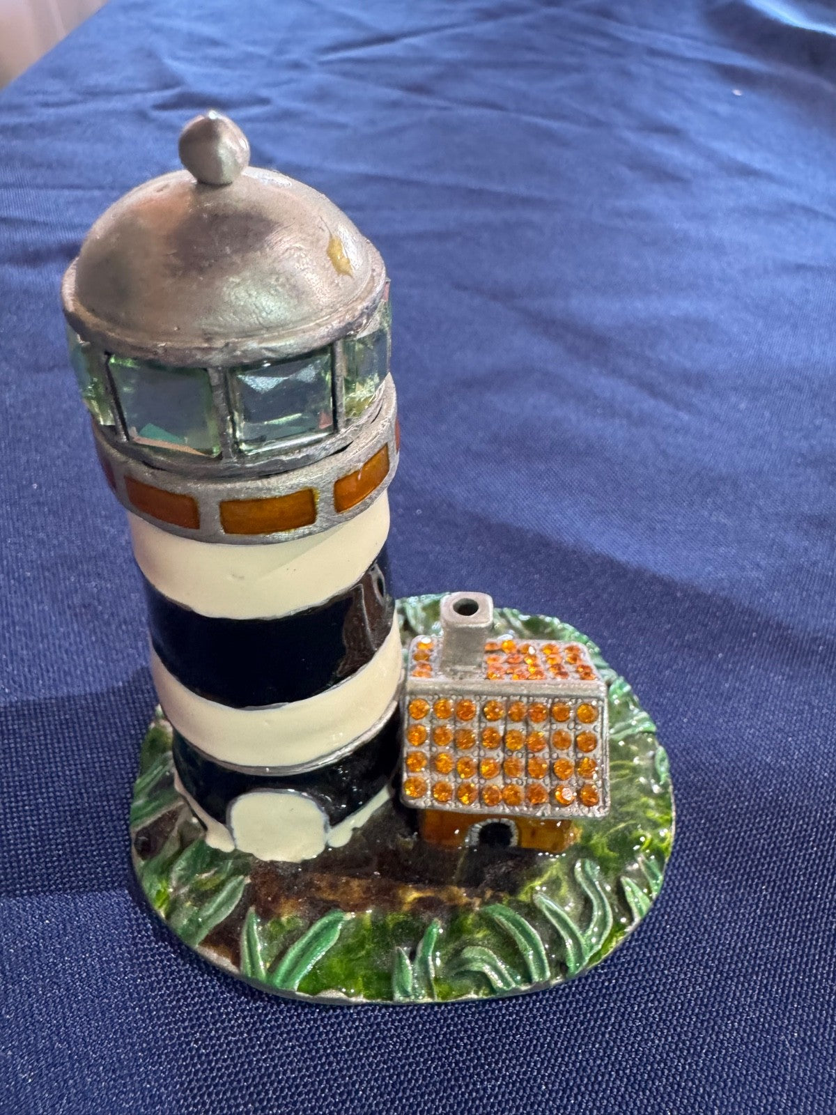 Lighthouse w/ Caretaker's Cottage Trinket Box 'OLD SALT' ENAMELED JEWEL PILL BOX