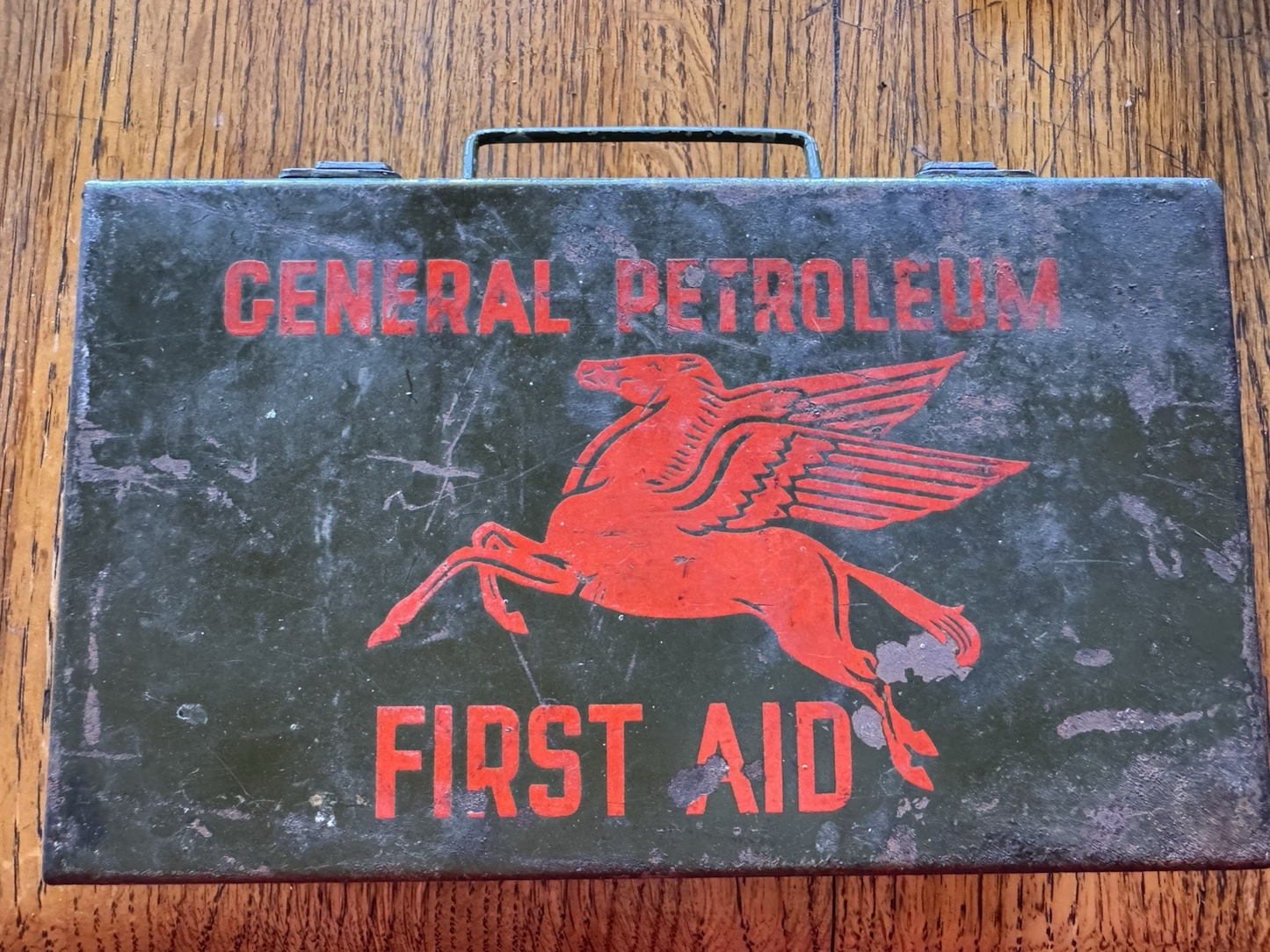 1950’s General PetroleumMobil Oil Flying Pegasus First Aid Kit Red Horse Tin USA