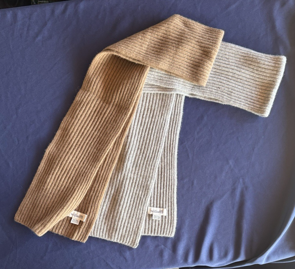 2 - Williams Ribbed Knit 100% Cashmere Scarf GRAY & CAMEL