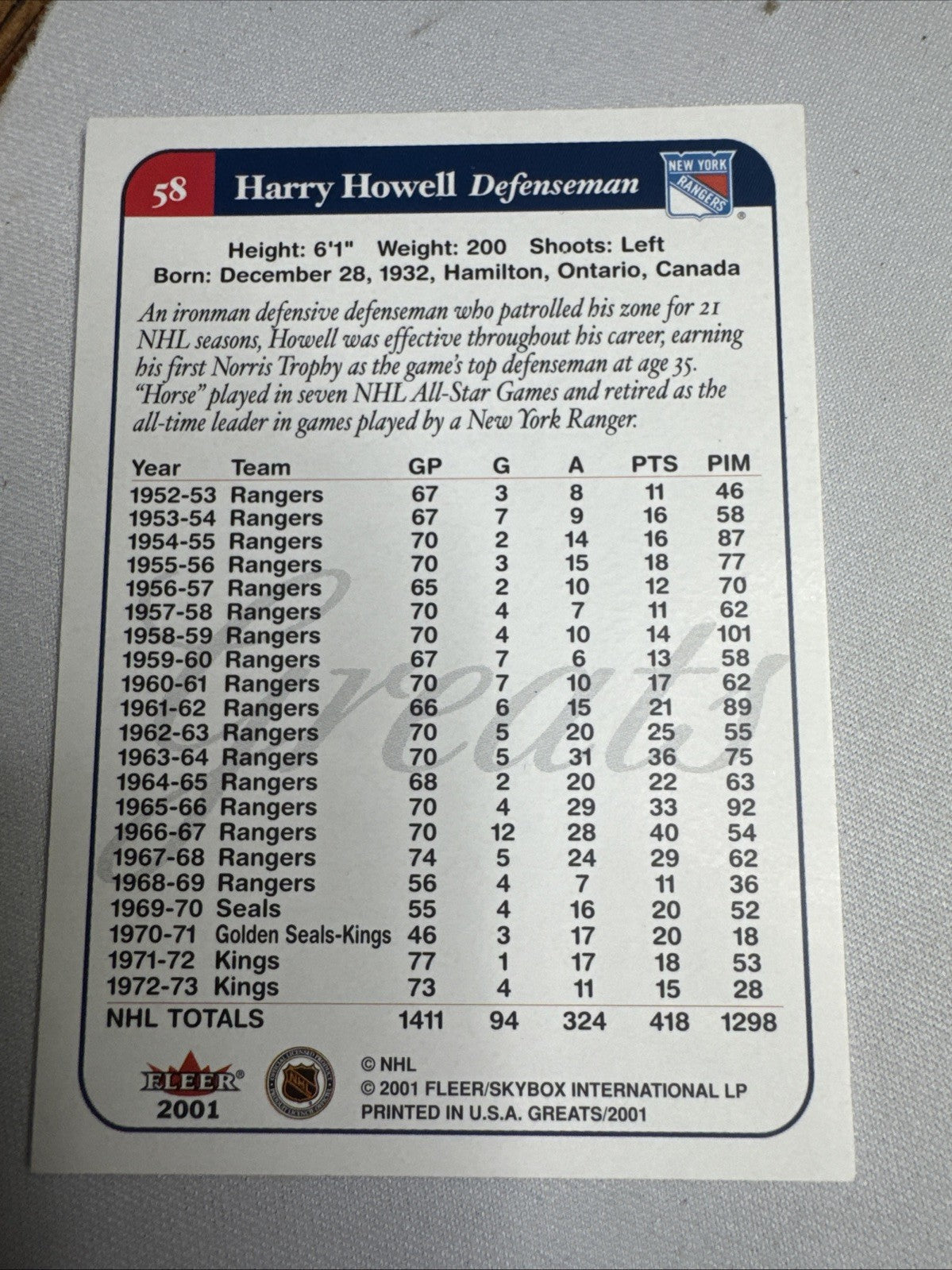 2001-02 Fleer Greats of the Game - Harry Howell #58