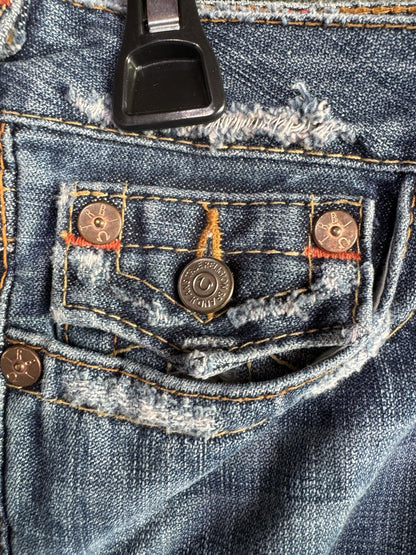 Y2K TRUE RELIGION Joey #20-503 Mini Denim Skirt Distressed Flap Pockets 28 VTG