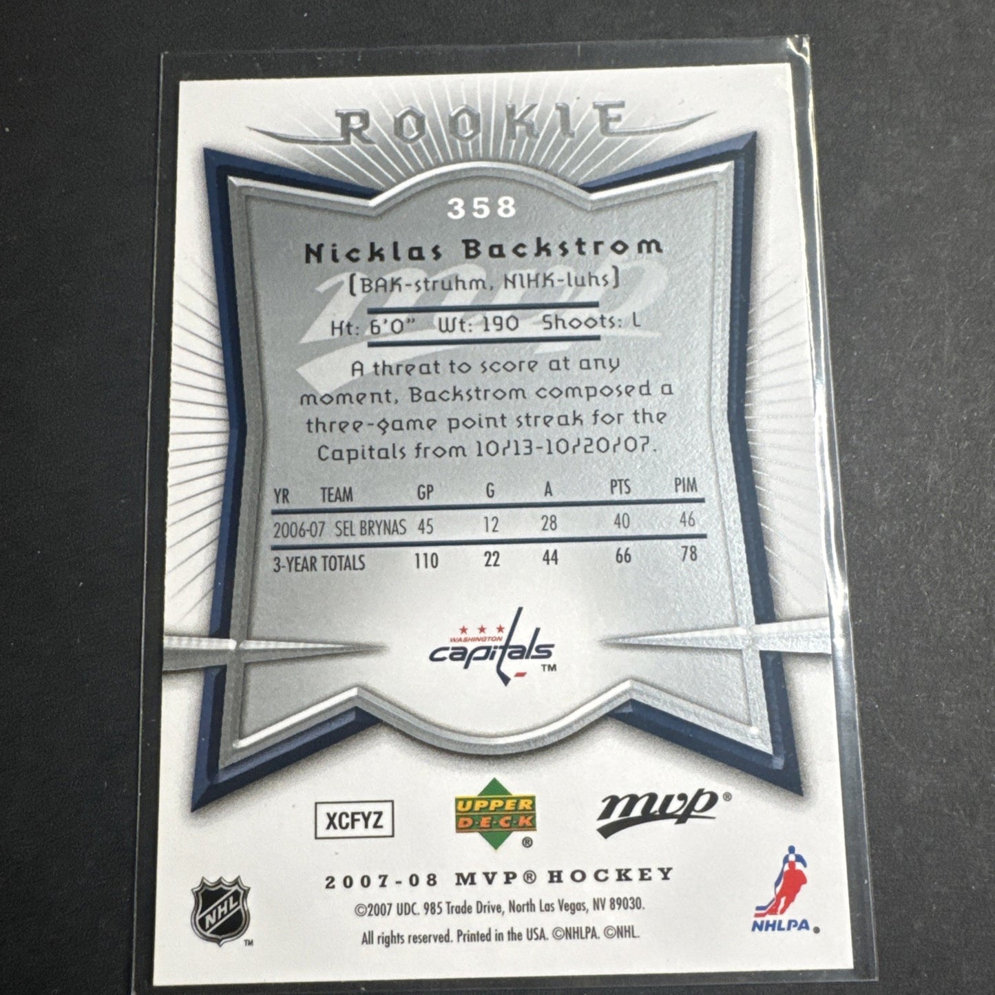 2007-08 Upper Deck MVP - Rookie Nicklas Backstrom #358 (RC)