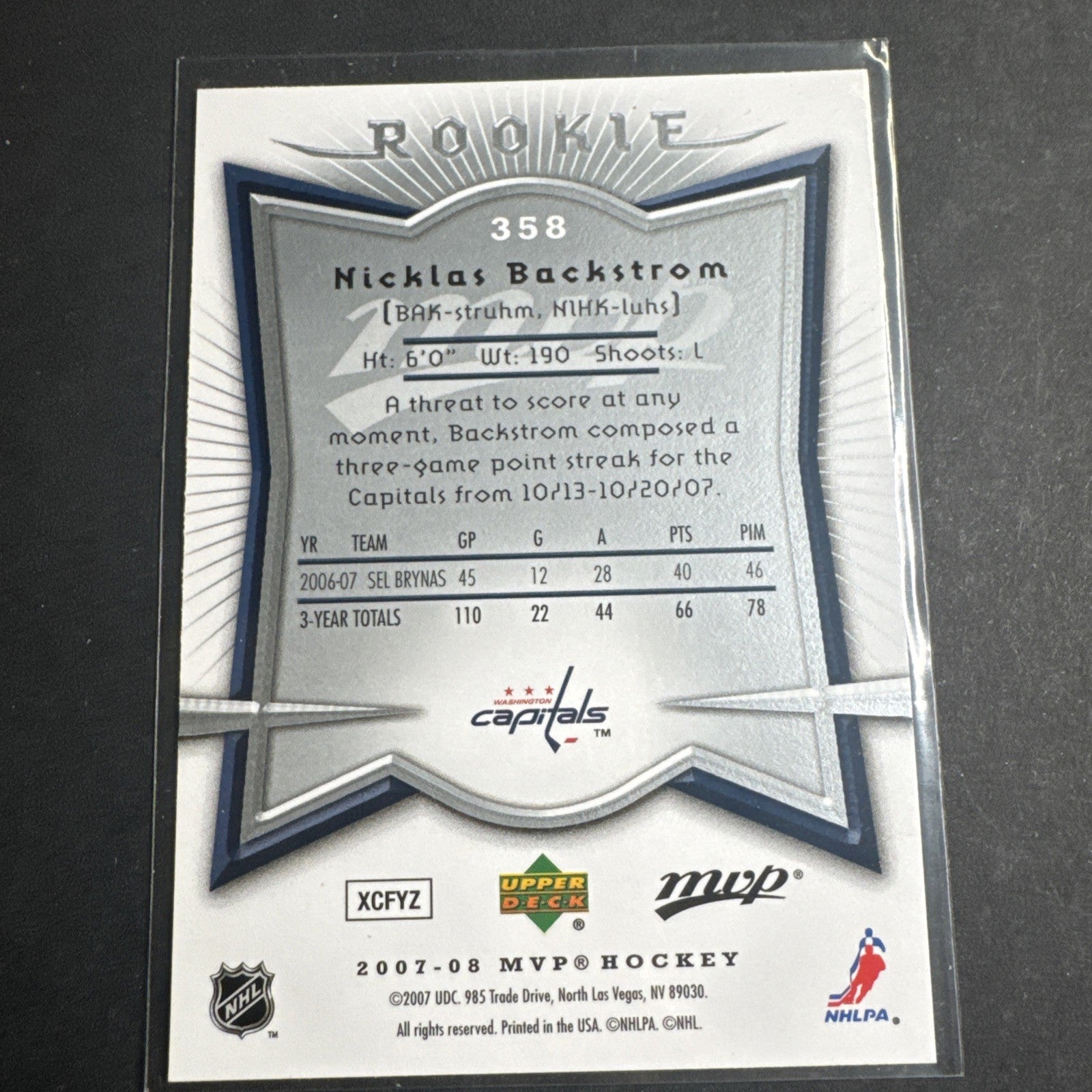 2007-08 Upper Deck MVP - Rookie Nicklas Backstrom #358 (RC)