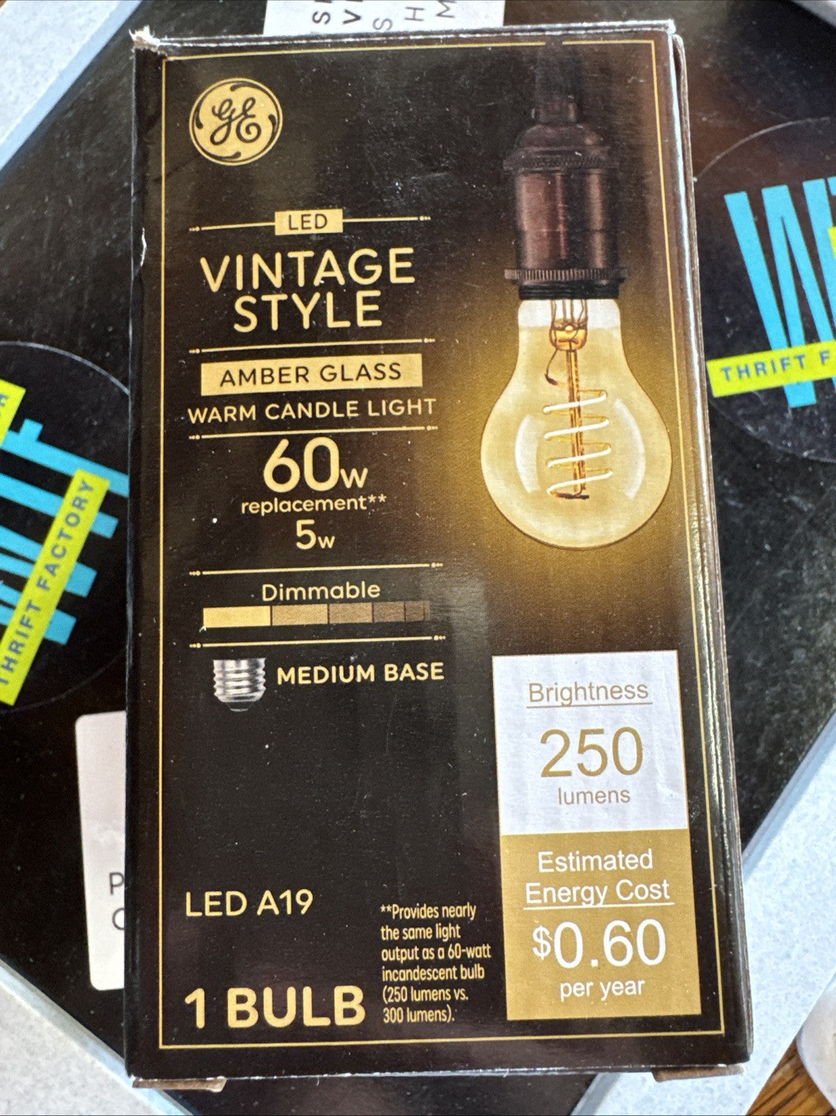 GE LED A19 Amber Vintage Bulb, 5W=60W, Dimmable, Warm Candle Light – 1 Bulb, NEW