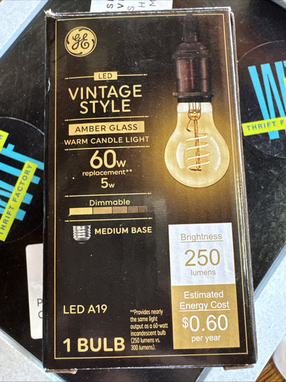 GE LED A19 Amber Vintage Bulb, 5W=60W, Dimmable, Warm Candle Light – 1 Bulb, NEW